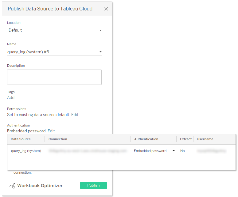 Диалог публикации Tableau Desktop с параметрами Authentication, где выбрана опция Embedded password